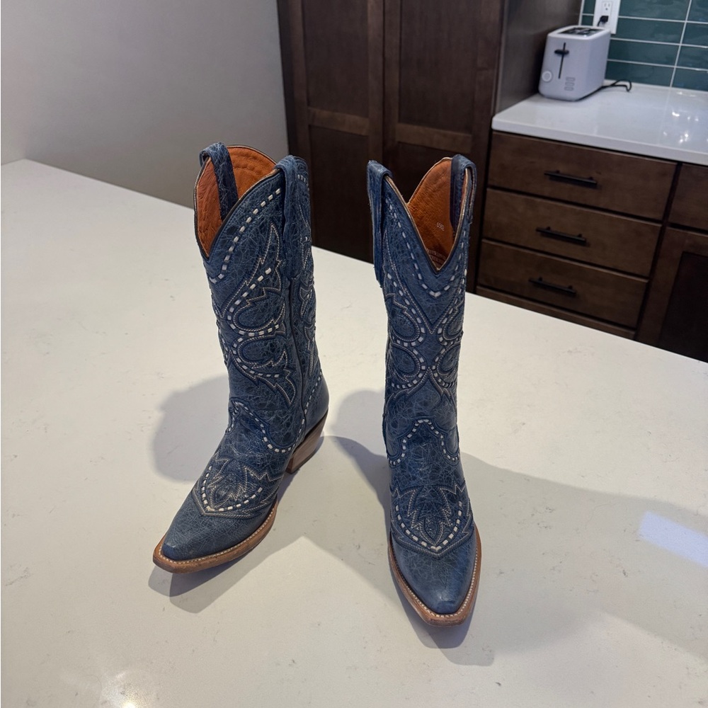 Dan Post Blue Studded Embroidered Western Heeled Boots